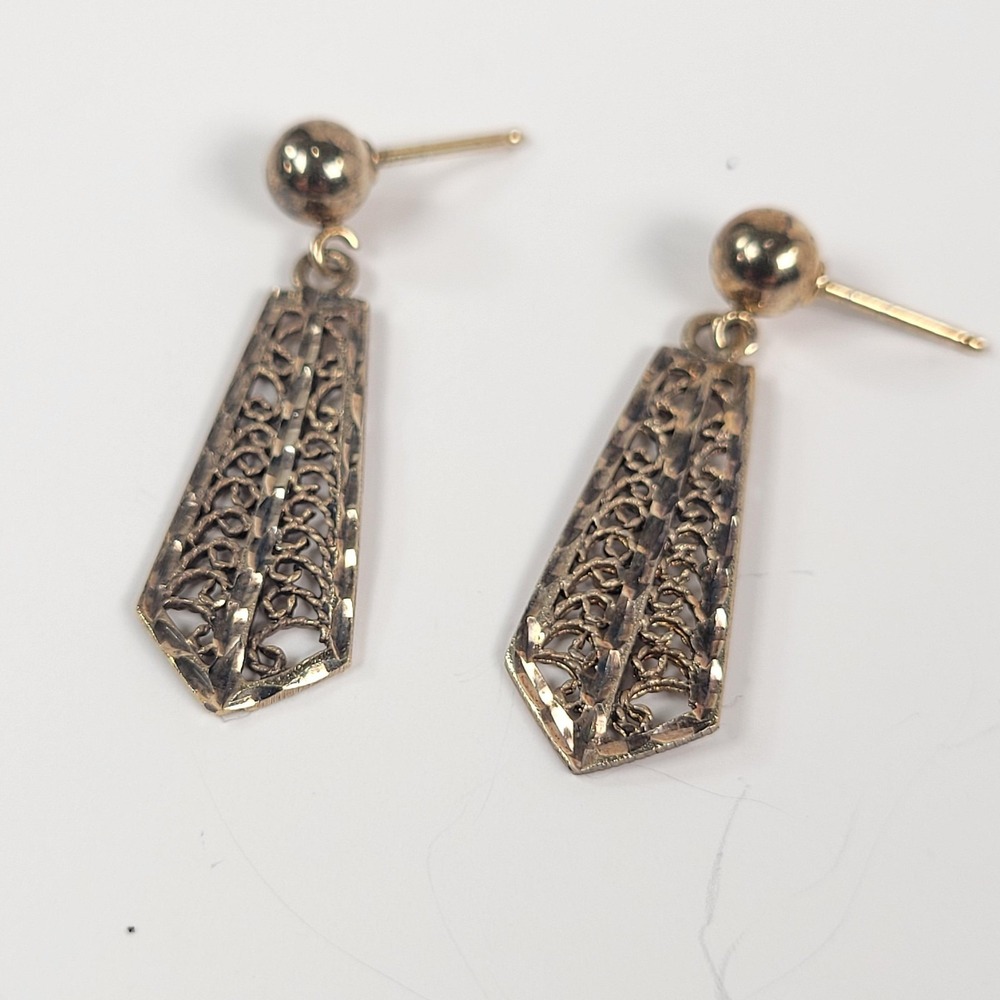 Gold Vermeil 925 Dangle Earrings Rectangular Filigree‎ Drop Geometric Jewelry